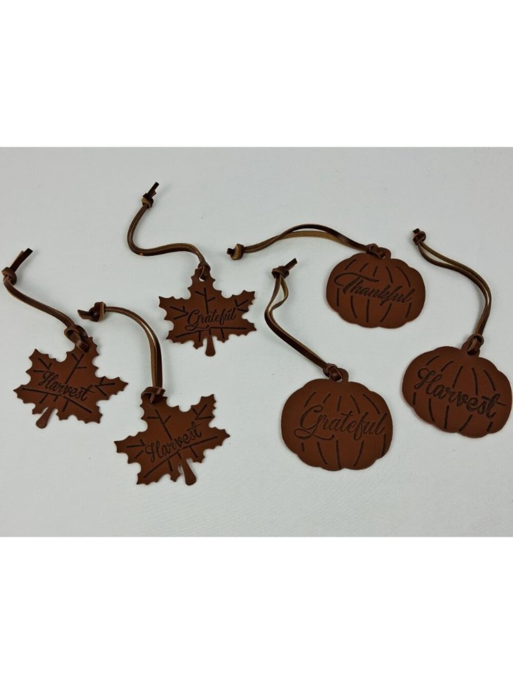 Fall-Themed 3" Faux Leather Tags Maple Leaf & Pumpkin Shapes Grateful Thankful - Picture 2 of 5